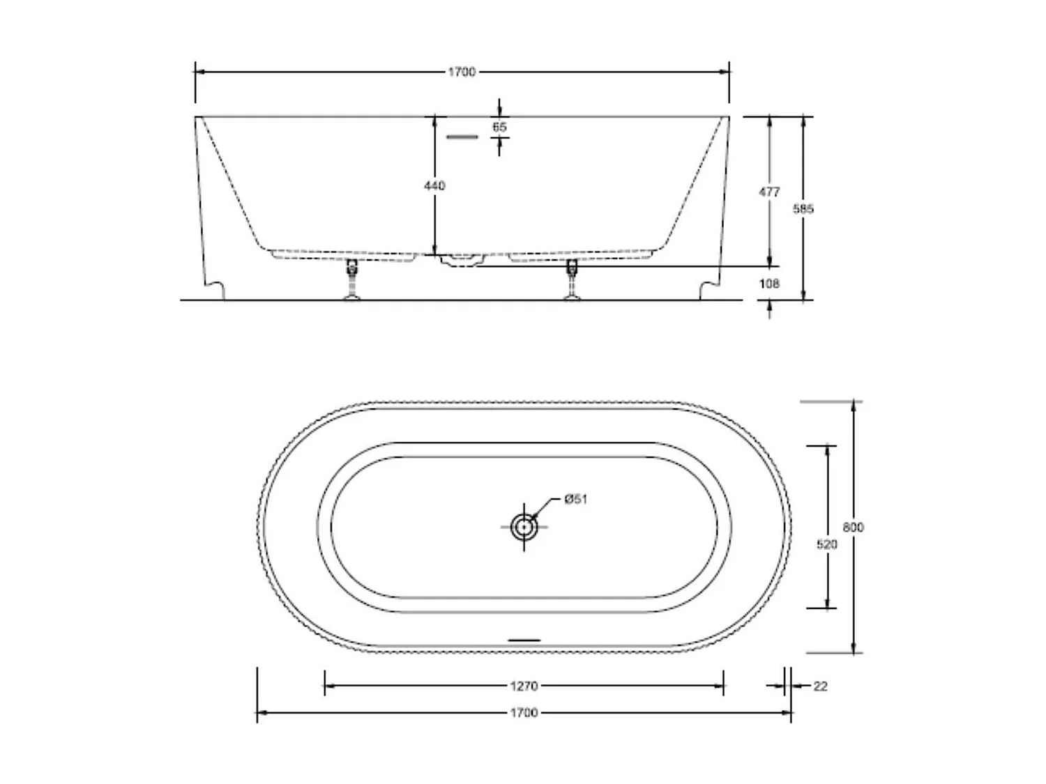 STRIA 170 cm weiße freistehende Badewanne aus geripptem Acryl