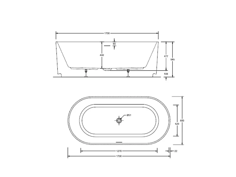 Bañera exenta acanalada acrílica blanca STRIA de 170 cm