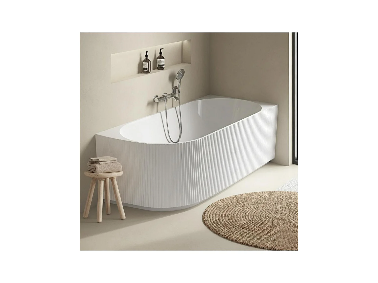 Baignoire semi-îlot blanche 170cm striée en acrylique Lucite® - Angle droit - Livrée complète