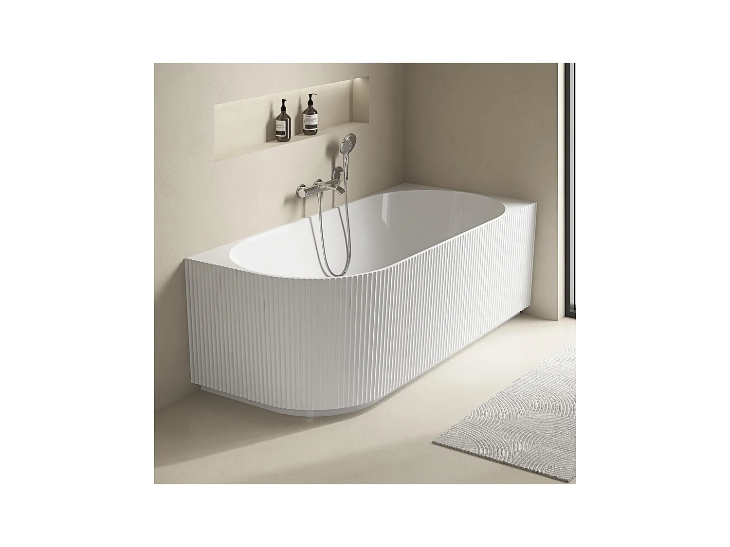 Baignoire semi-îlot blanche 170cm striée en acrylique Lucite® - Angle droit - Livrée complète