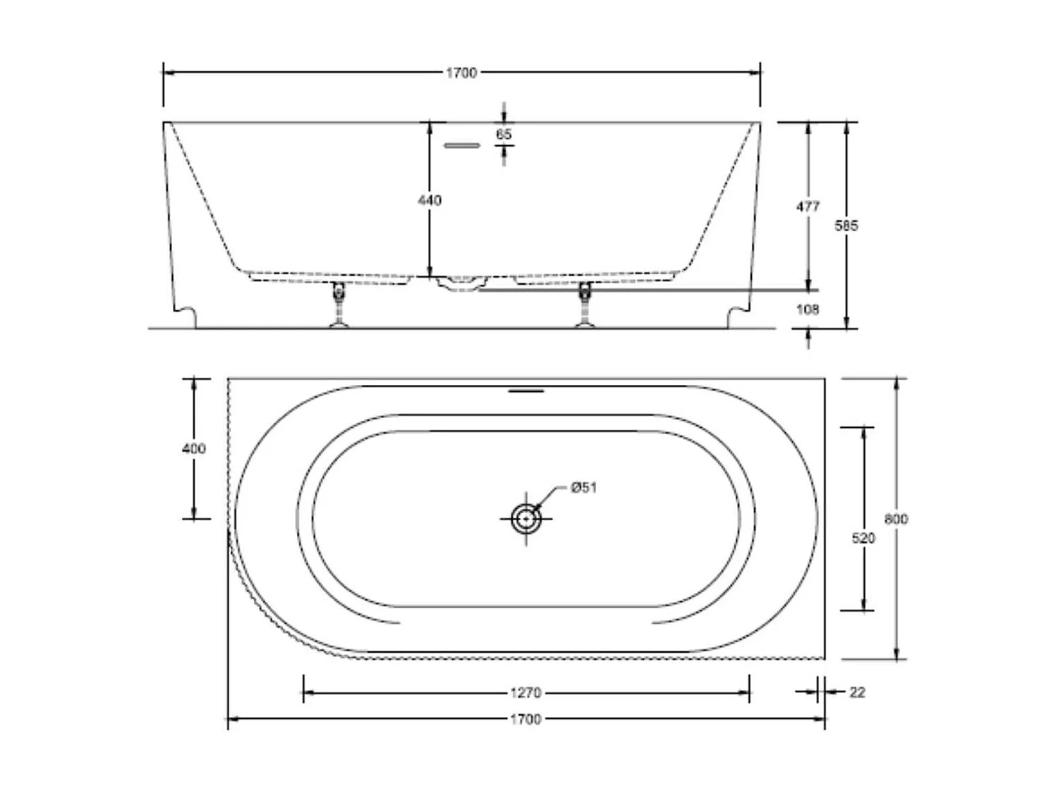 Bañera acrílica acanalada semi-isla blanca 170cm - Ángulo recto STRIA