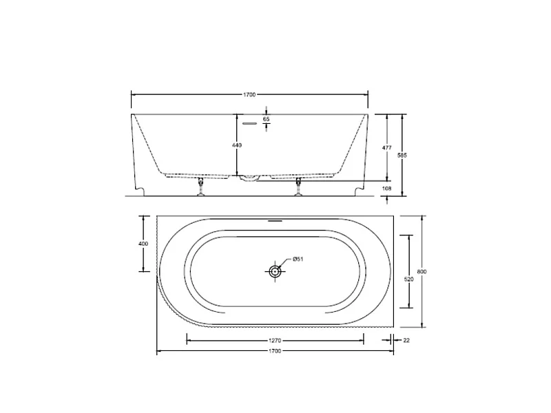 Vasca da bagno semi-isola in acrilico bianco con coste 170cm - Angolo retto STRIA