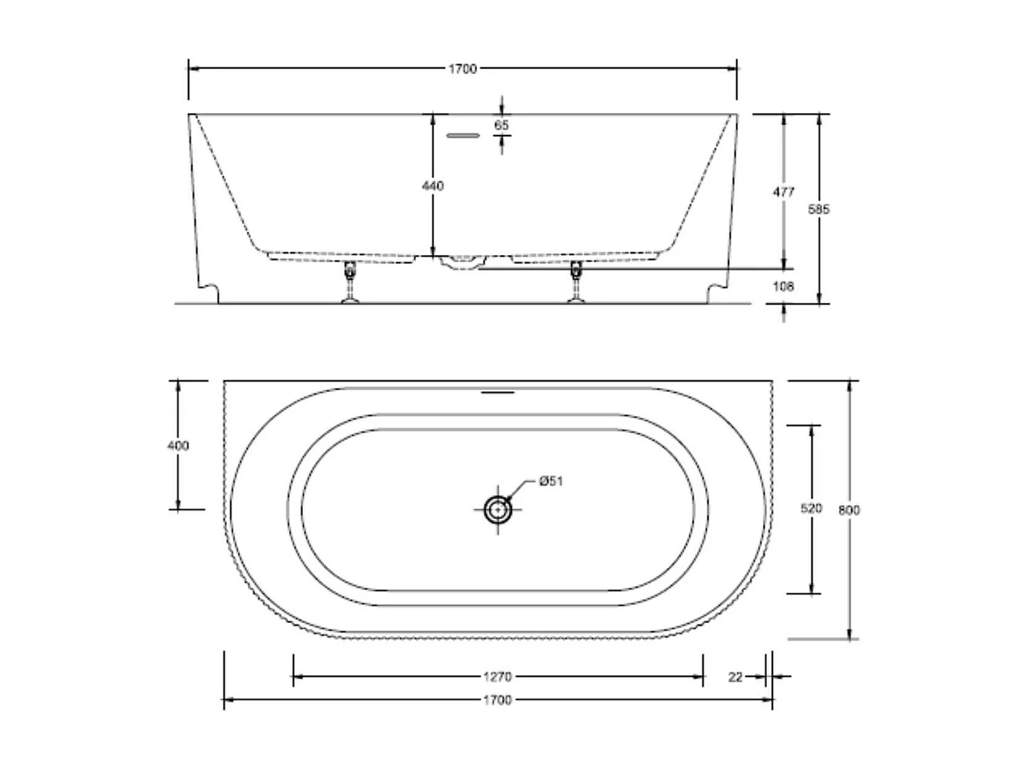 Vasca da bagno a parete STRIA 170cm in acrilico bianco rigato