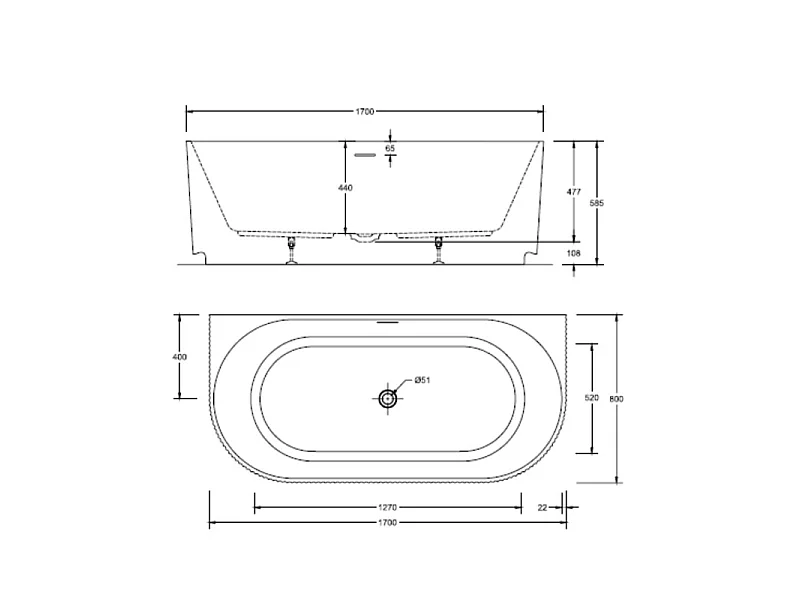 Vasca da bagno a parete STRIA 170cm in acrilico bianco rigato