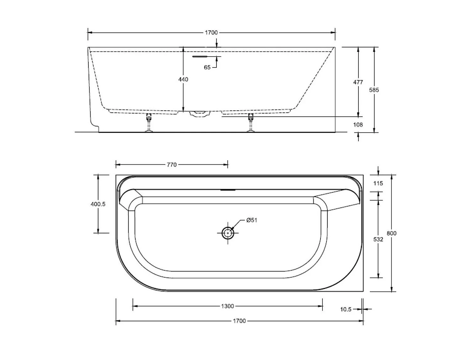 Bañera acrílica semi-exenta blanca de 170 cm - Esquina izquierda EQUINOXE
