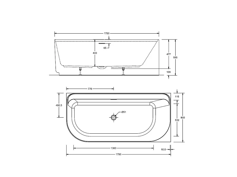 Vasca da bagno semi-autoportante in acrilico bianco 170cm - Angolo sinistro EQUINOXE