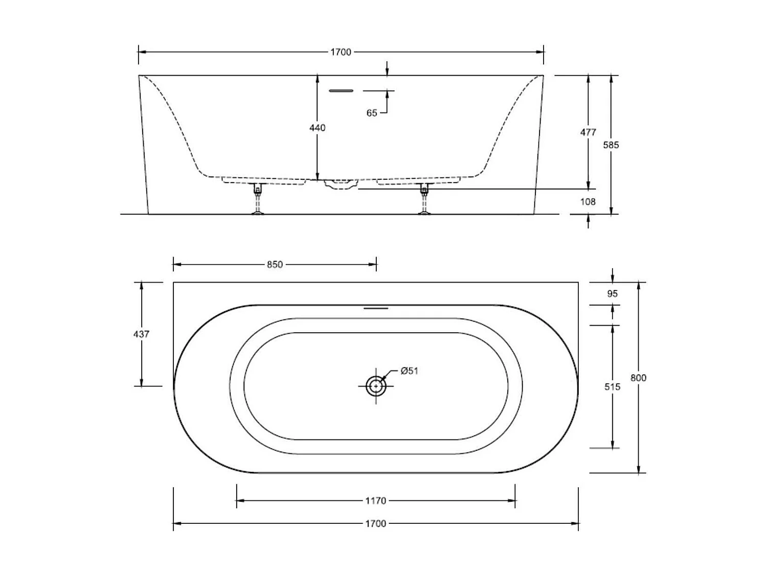 Vasca da bagno FORMA 170cm in acrilico bianco da parete