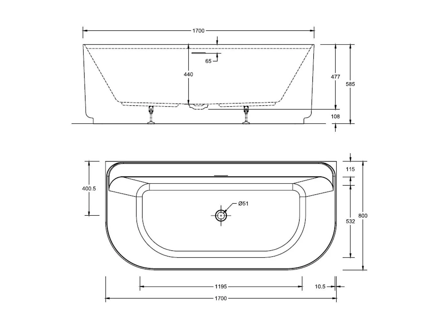 Bañera acrílica de pared blanca EQUINOXE de 170 cm