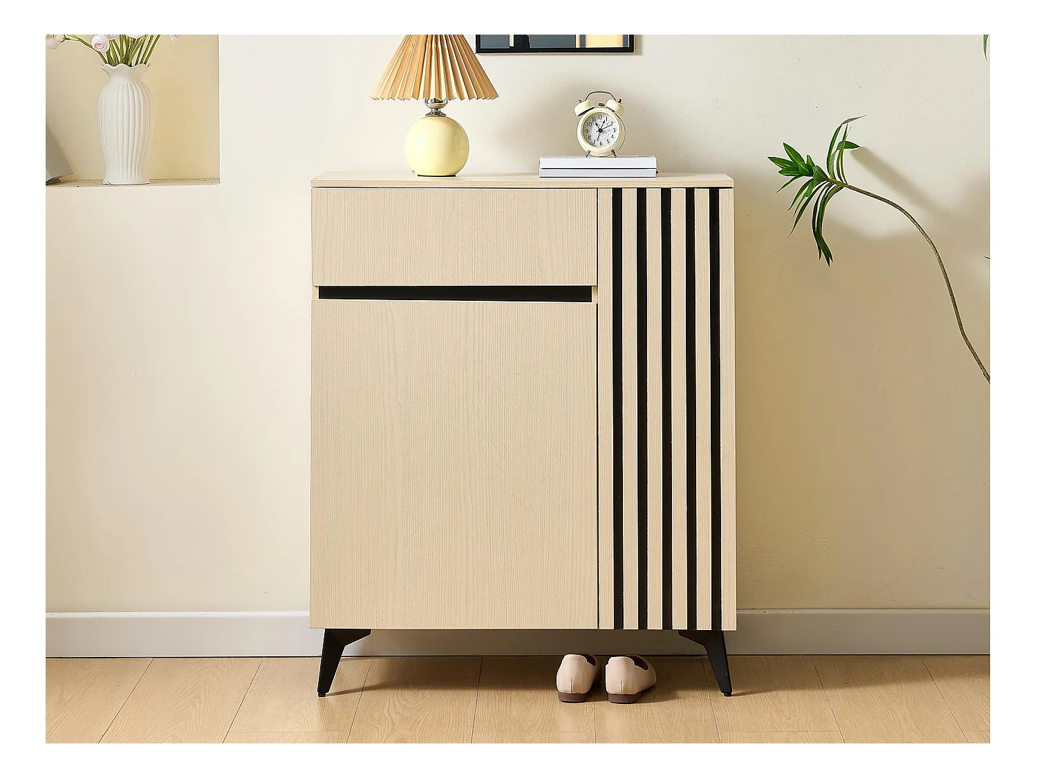 Schuhschrank 75x35x90cm - Mit 2 Türen und 1 Schublade - Mit höhenverstellbaren Einlegeböden - MDF - ​​Natur​