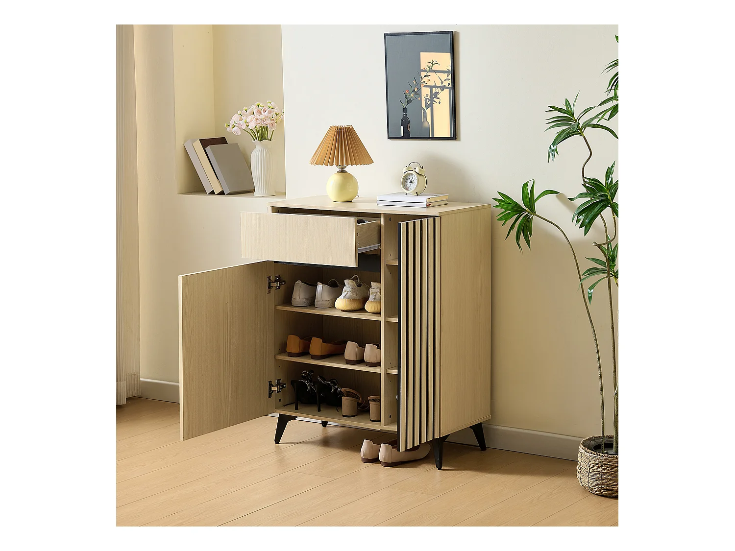 Schuhschrank 75x35x90cm - Mit 2 Türen und 1 Schublade - Mit höhenverstellbaren Einlegeböden - MDF - ​​Natur​