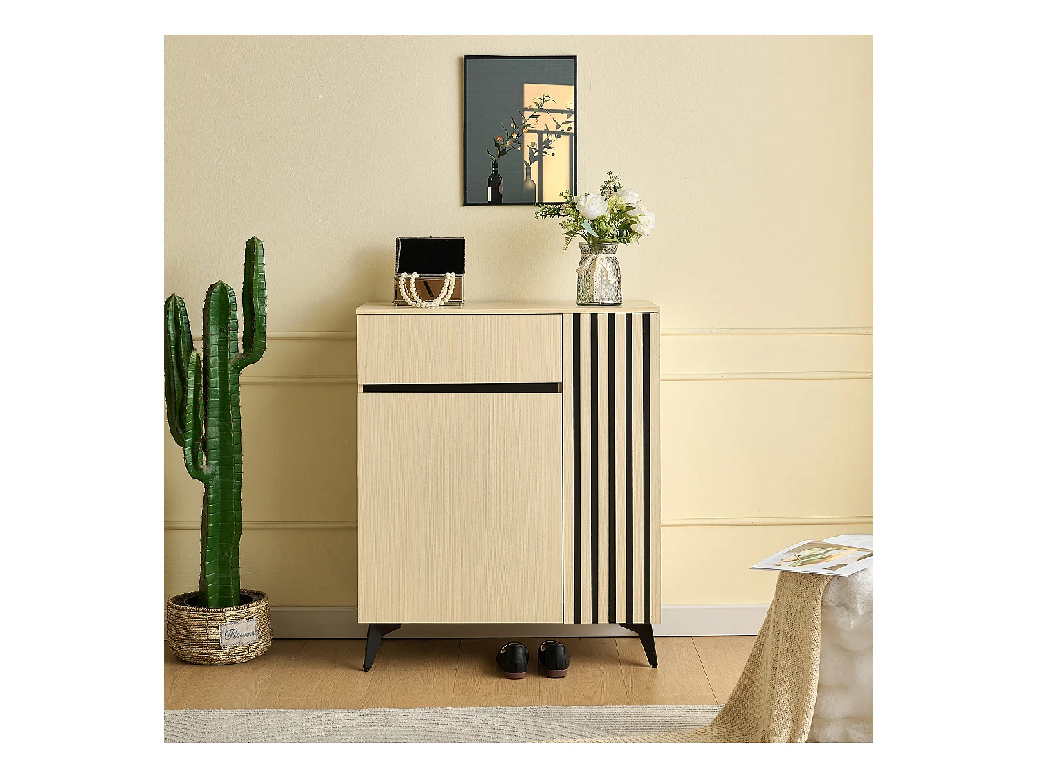 Schuhschrank 75x35x90cm - Mit 2 Türen und 1 Schublade - Mit höhenverstellbaren Einlegeböden - MDF - ​​Natur​