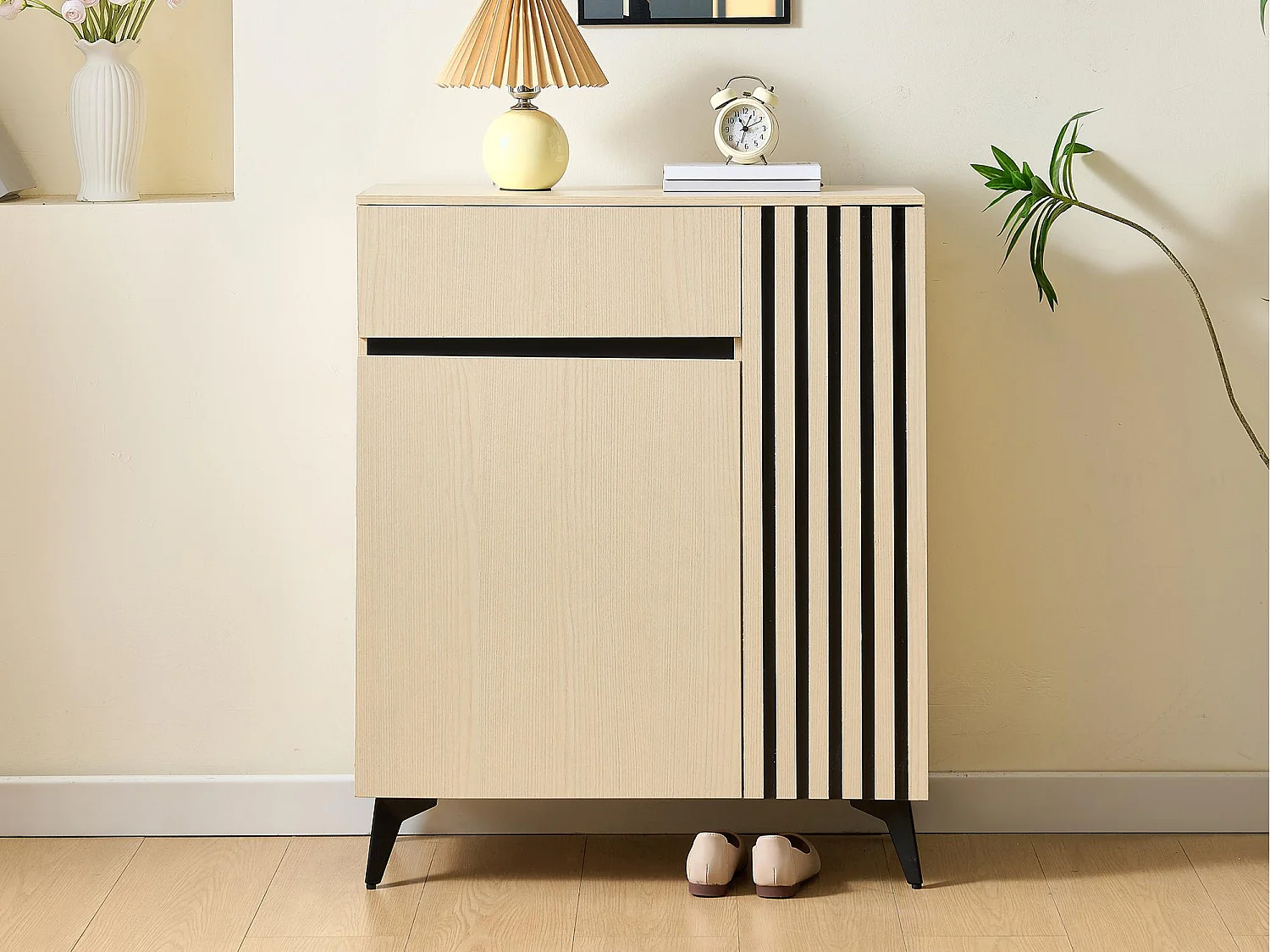 Schuhschrank 75x35x90cm - Mit 2 Türen und 1 Schublade - Mit höhenverstellbaren Einlegeböden - MDF - ​​Natur​