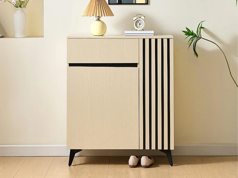 Meuble à chaussures 75x35x90cm - avec 2 portes et 1 tiroir - avec étagères réglables - MDF - Naturel