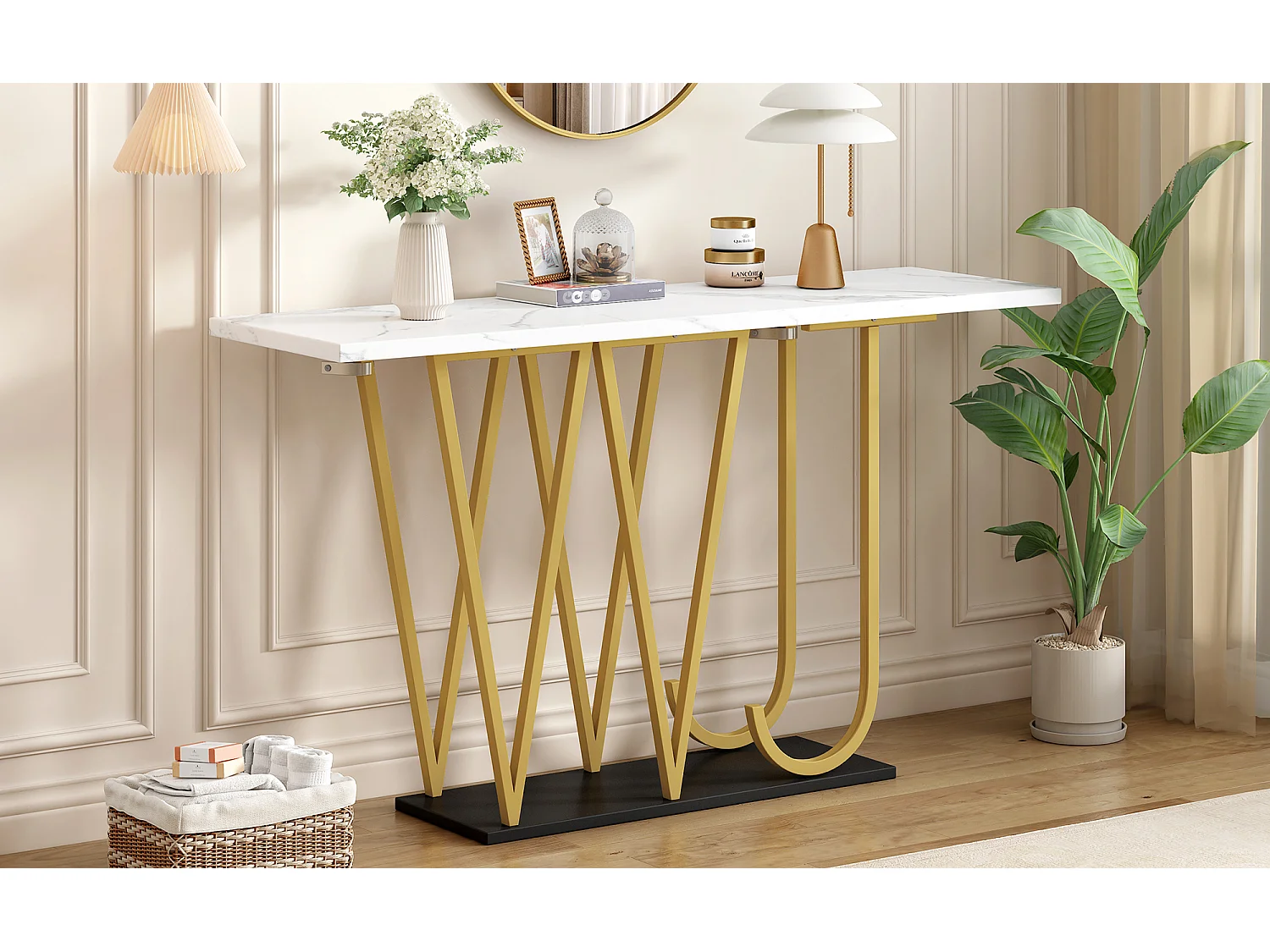 Table d'entrée - 120 x 29.5 x 80 cm - table à manger en bois - plateau de table aspect marbre - MDF + métal - blanc