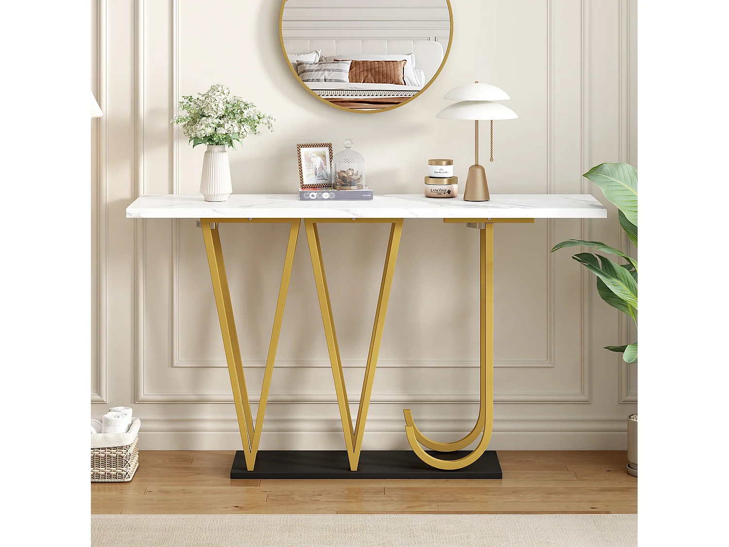 Table d'entrée - 120 x 29.5 x 80 cm - table à manger en bois - plateau de table aspect marbre - MDF + métal - blanc