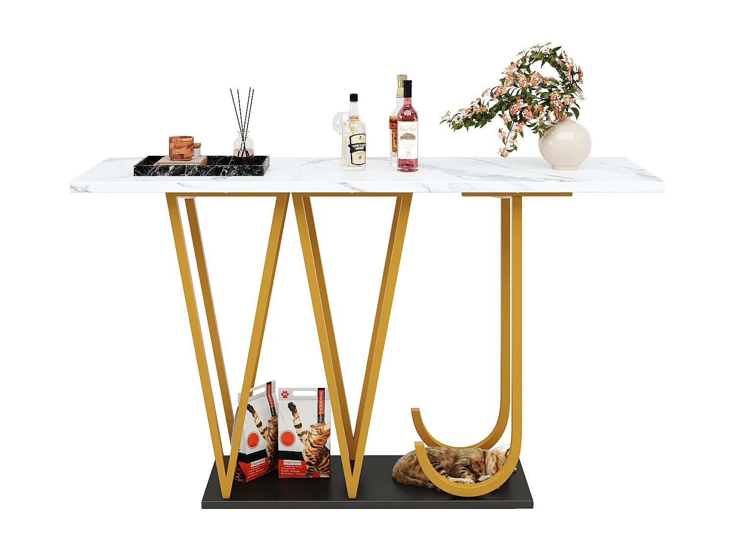 Table d'entrée - 120 x 29.5 x 80 cm - table à manger en bois - plateau de table aspect marbre - MDF + métal - blanc