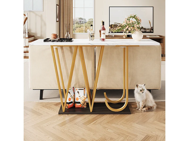 Table d'entrée - 120 x 29.5 x 80 cm - table à manger en bois - plateau de table aspect marbre - MDF + métal - blanc