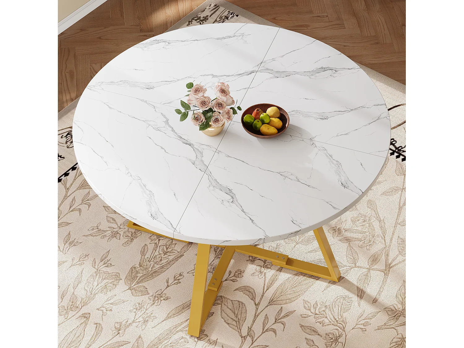 Table à manger ronde - 120 x 120 x 75 cm - table de petit-déjeuner pieds dorés - aspect marbre - MDF + métal - blanc