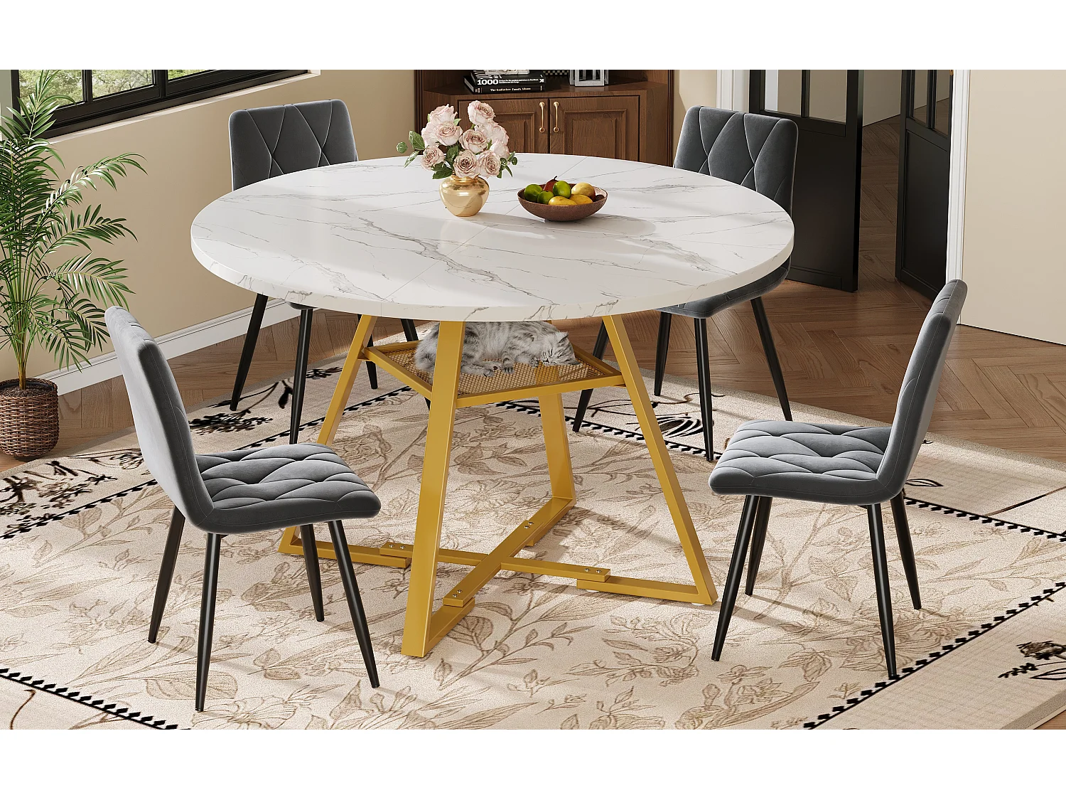 Table à manger ronde - 120 x 120 x 75 cm - table de petit-déjeuner pieds dorés - aspect marbre - MDF + métal - blanc