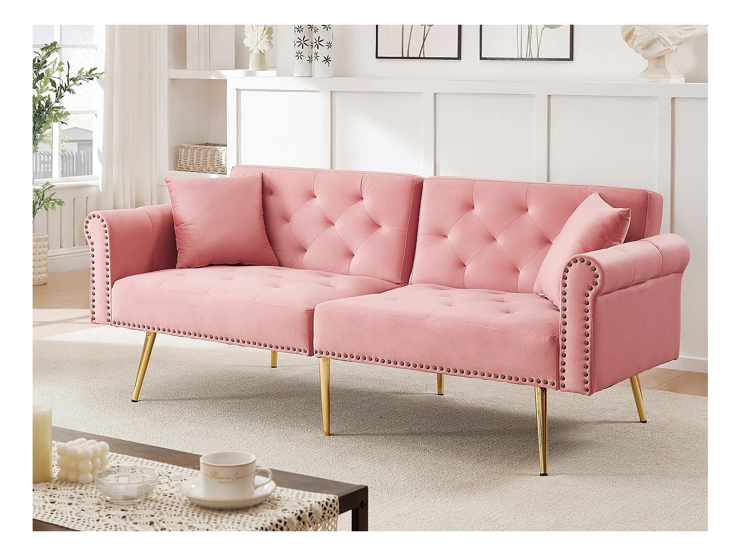 Canapé contemporain 2 places - Velours - Dossier réglable sur 3 niveaux - Rose