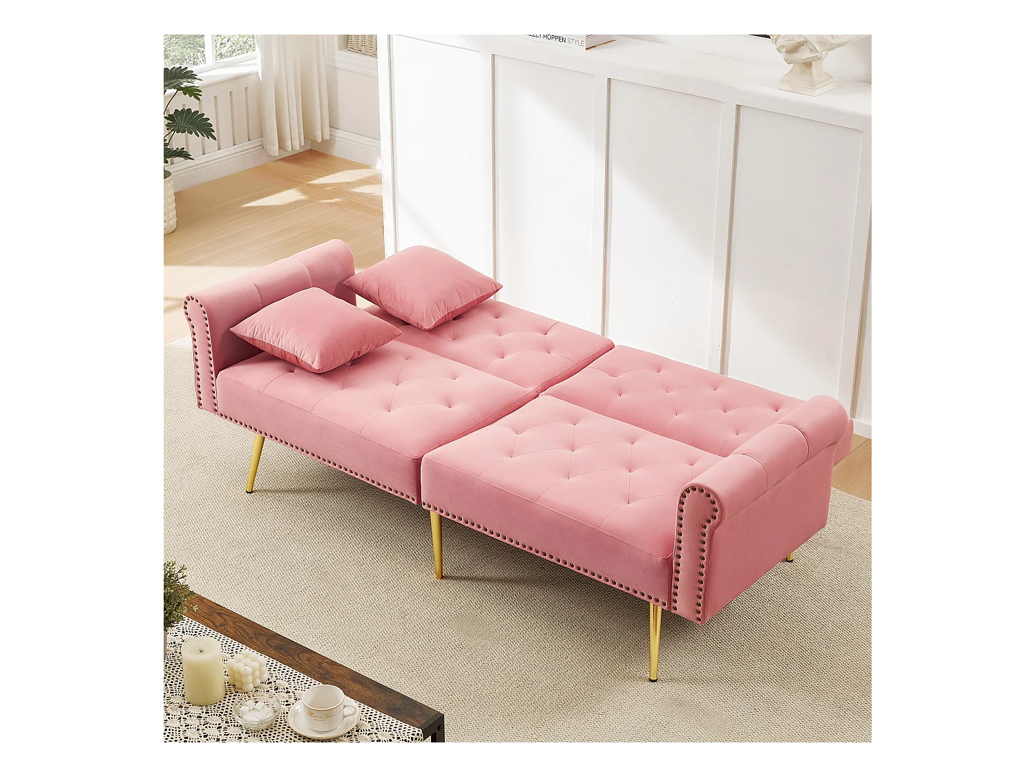 Canapé contemporain 2 places - Velours - Dossier réglable sur 3 niveaux - Rose