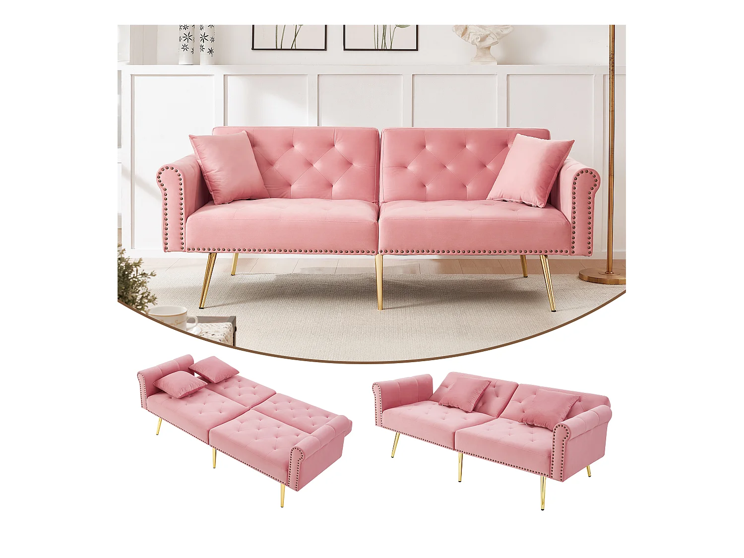 Canapé contemporain 2 places - Velours - Dossier réglable sur 3 niveaux - Rose