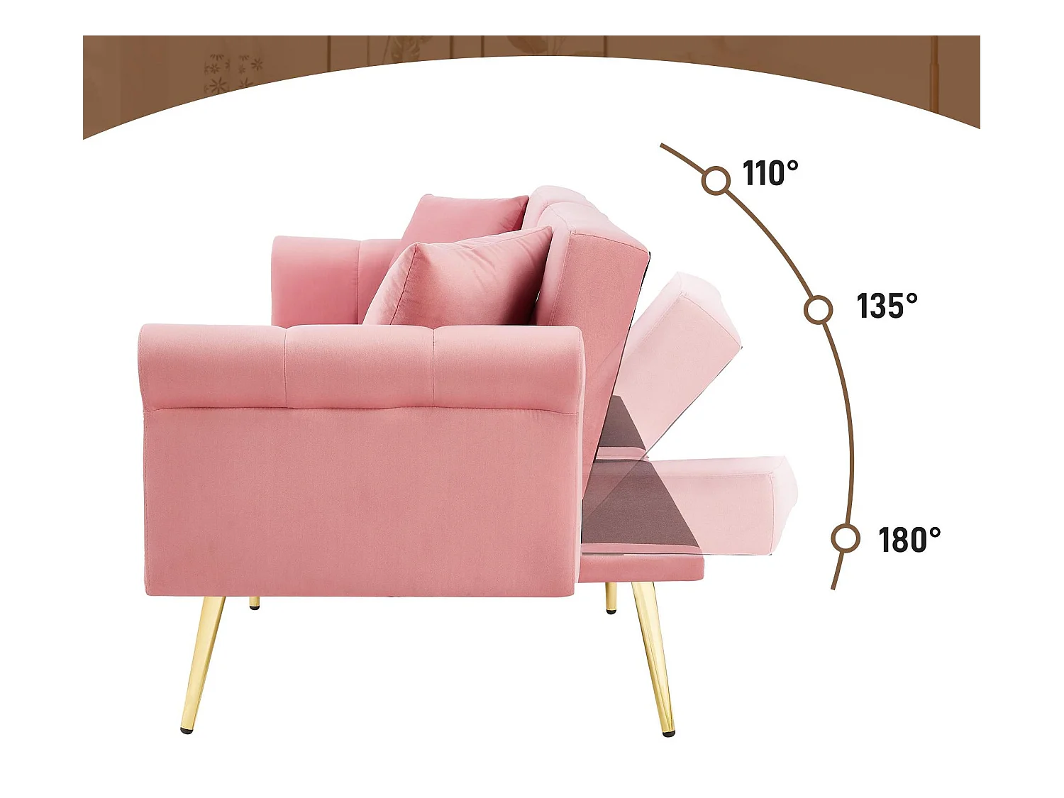 Canapé contemporain 2 places - Velours - Dossier réglable sur 3 niveaux - Rose