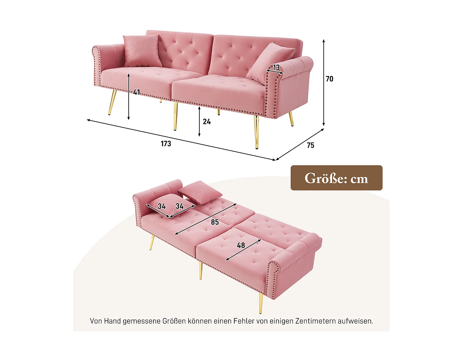 Canapé contemporain 2 places - Velours - Dossier réglable sur 3 niveaux - Rose