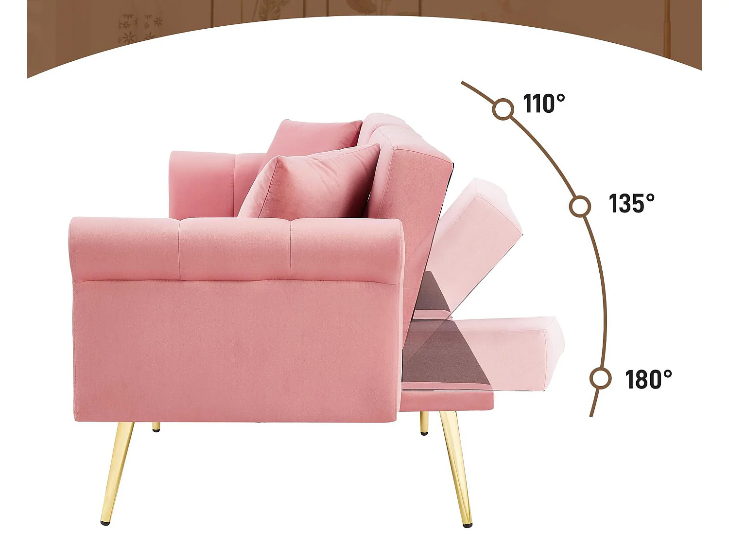 Canapé contemporain 2 places - Velours - Dossier réglable sur 3 niveaux - Rose