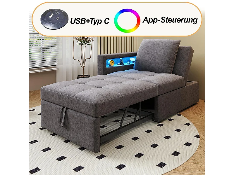 Canapé convertible 3 en 1 rembourré multifonctionnel tissu lin dossier réglable accoudoirs LED ports USB Type C pour petites pièces gris foncé