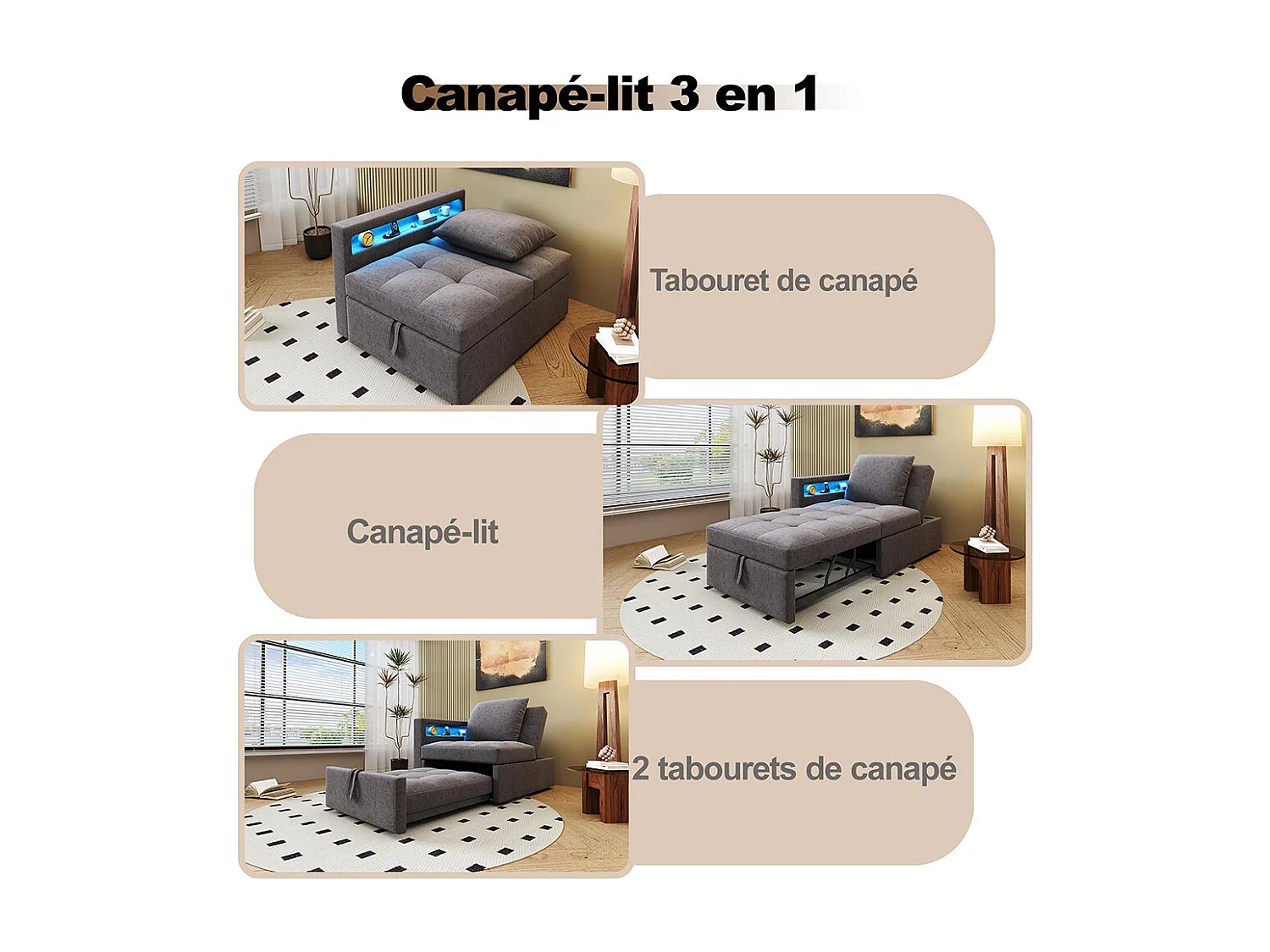 Canapé convertible 3 en 1 rembourré multifonctionnel tissu lin dossier réglable accoudoirs LED ports USB Type C pour petites pièces gris foncé