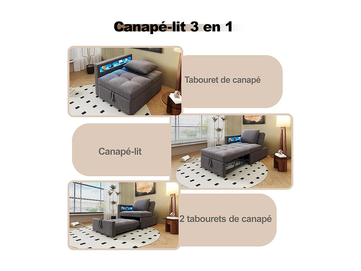 Canapé convertible 3 en 1 rembourré multifonctionnel tissu lin dossier réglable accoudoirs LED ports USB Type C pour petites pièces gris foncé