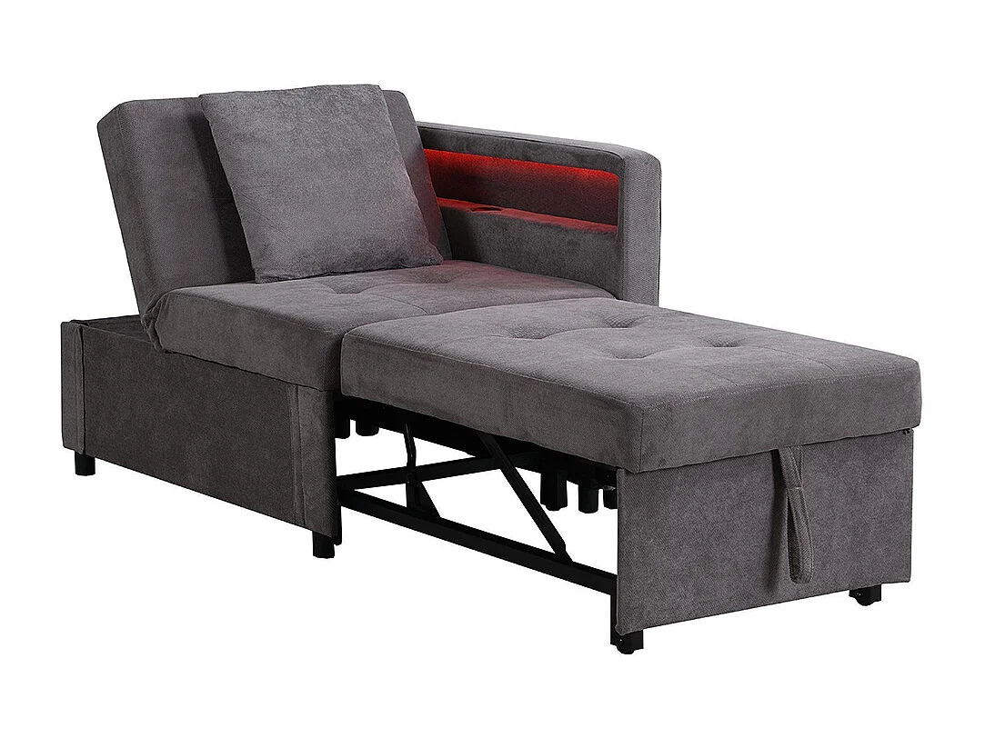 Canapé convertible 3 en 1 rembourré multifonctionnel tissu lin dossier réglable accoudoirs LED ports USB Type C pour petites pièces gris foncé