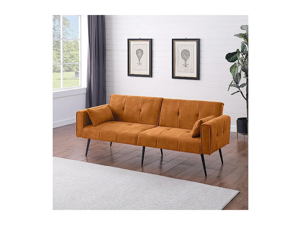 Canapé convertible deux places inclinable en tissu avec dossier réglable futon jaune pour salon