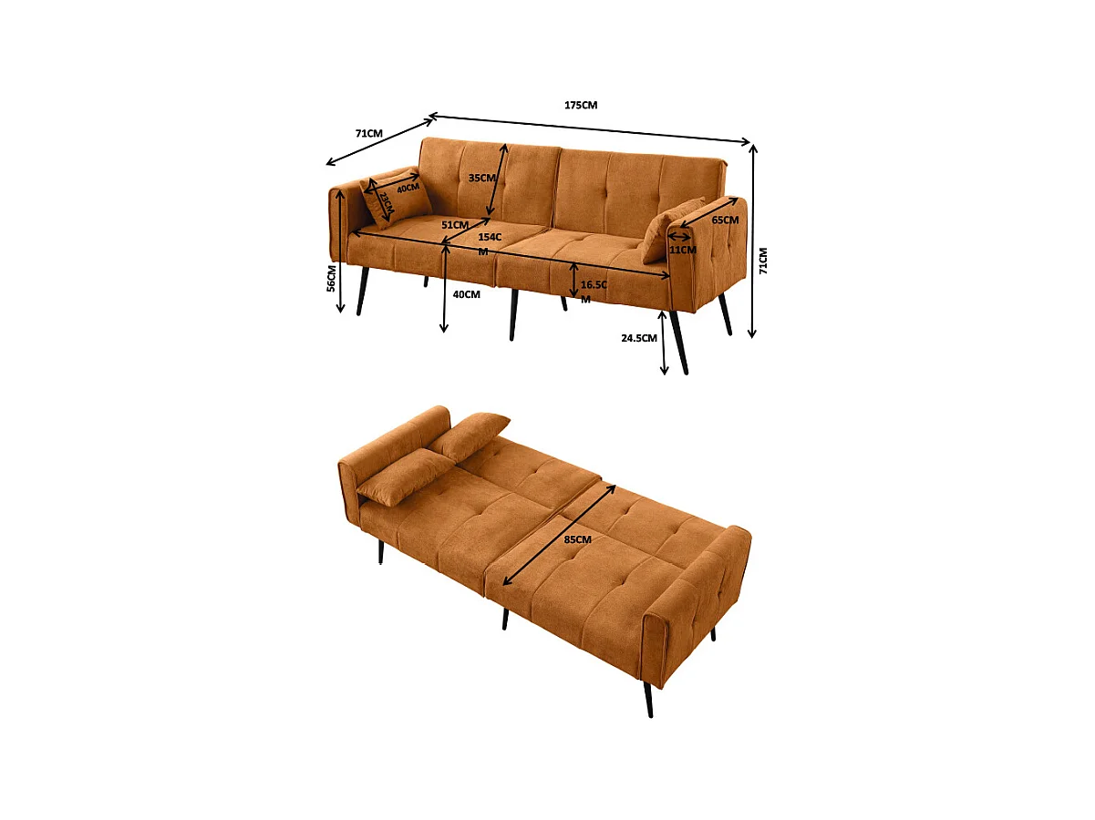 Canapé convertible deux places inclinable en tissu avec dossier réglable futon jaune pour salon