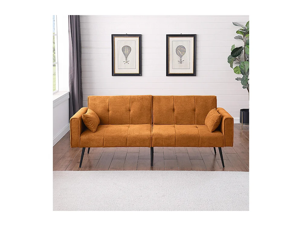Canapé convertible deux places inclinable en tissu avec dossier réglable futon jaune pour salon