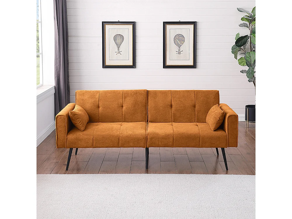 Canapé convertible deux places inclinable en tissu avec dossier réglable futon jaune pour salon