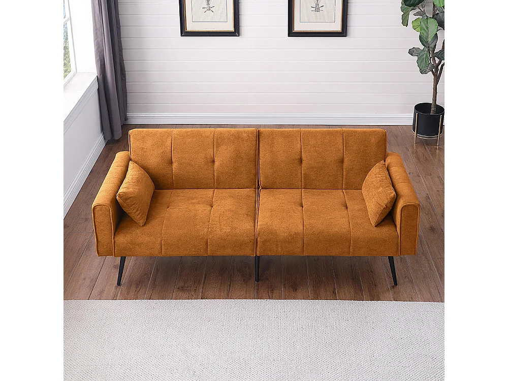 Canapé convertible deux places inclinable en tissu avec dossier réglable futon jaune pour salon