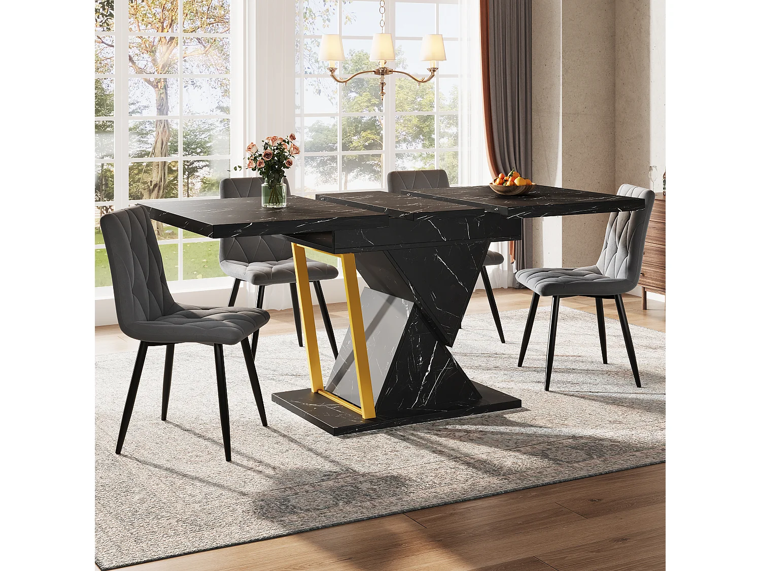 Table à manger extensible 6 places - 110/140 x 80 x 76 cm - pour salles à manger et cuisines - MDF + métal - noir