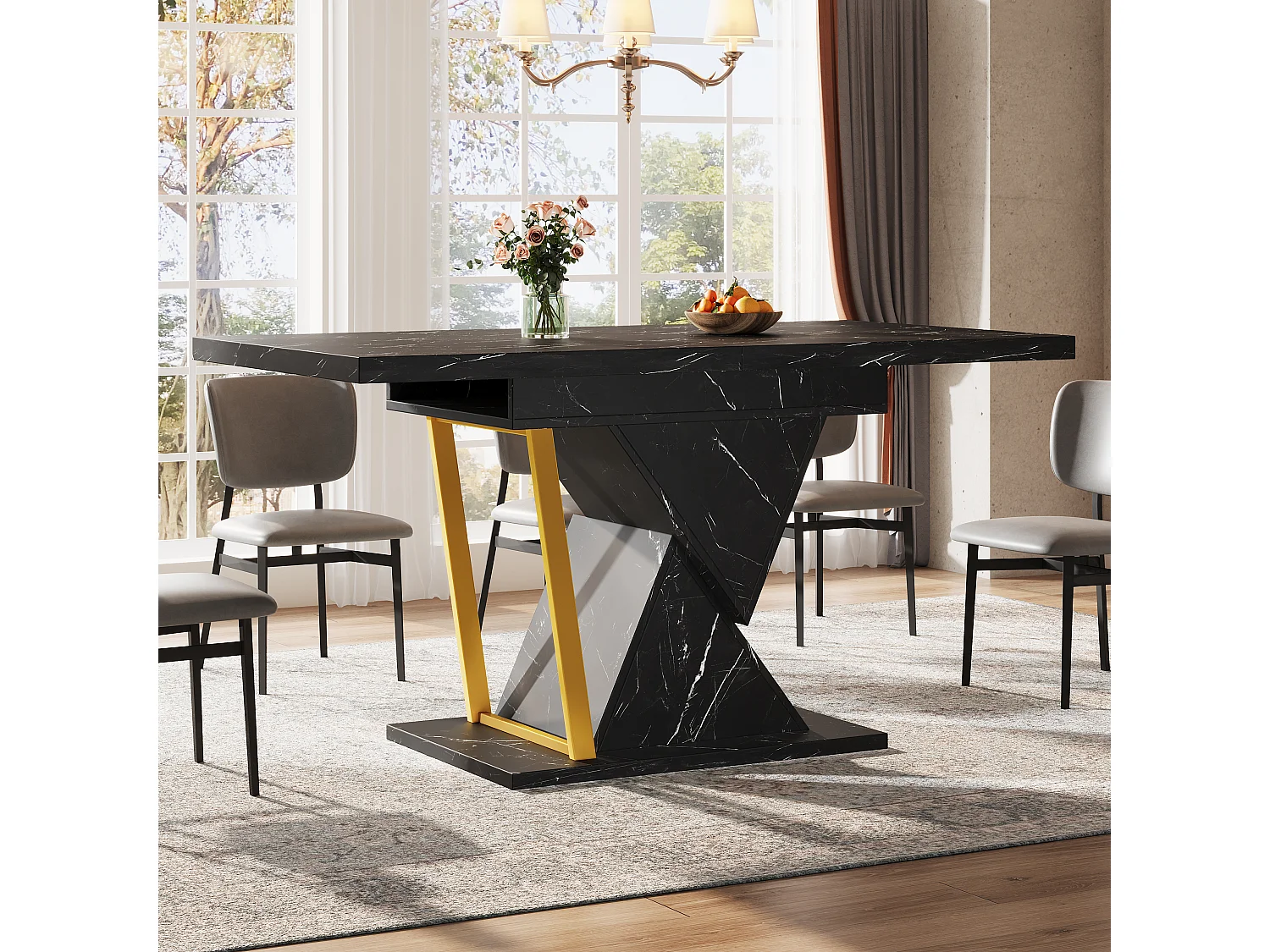 Table à manger extensible 6 places - 110/140 x 80 x 76 cm - pour salles à manger et cuisines - MDF + métal - noir