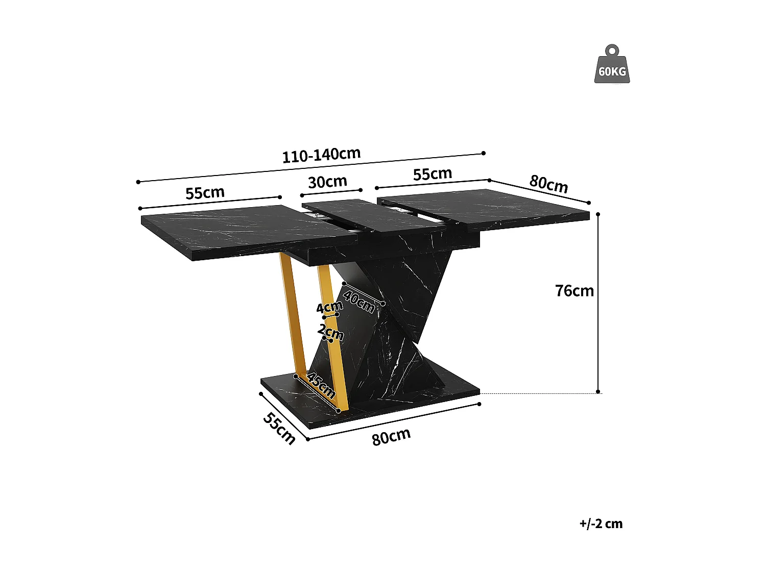 Table à manger extensible 6 places - 110/140 x 80 x 76 cm - pour salles à manger et cuisines - MDF + métal - noir