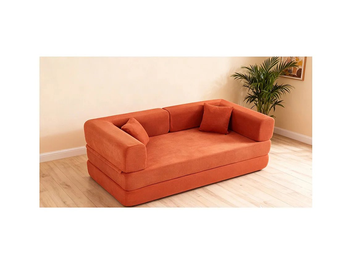 Canapé convertible avec oreiller cylindrique canapé-lit pliant velours côtelé cadre fixe pour salon chambre à coucher studio orange rouge