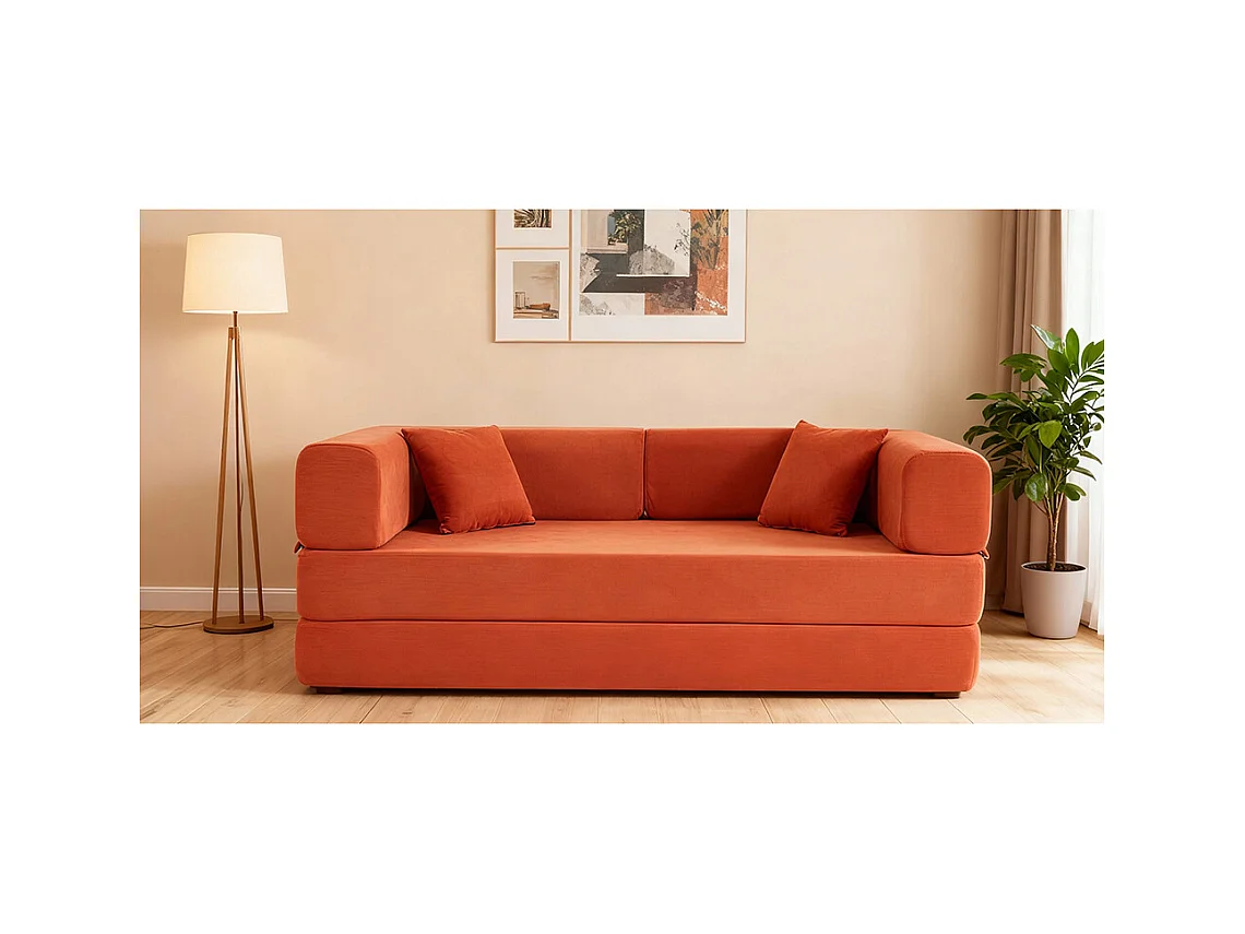 Canapé convertible avec oreiller cylindrique canapé-lit pliant velours côtelé cadre fixe pour salon chambre à coucher studio orange rouge
