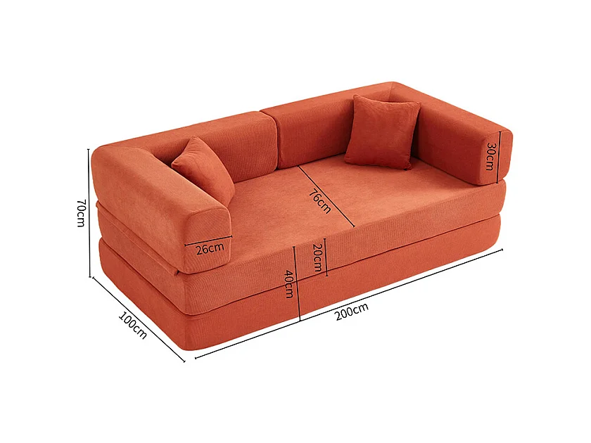 Canapé convertible avec oreiller cylindrique canapé-lit pliant velours côtelé cadre fixe pour salon chambre à coucher studio orange rouge