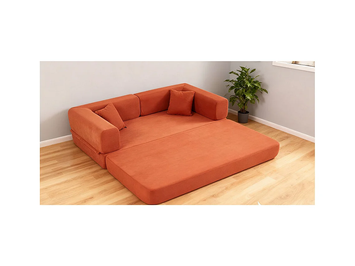 Canapé convertible avec oreiller cylindrique canapé-lit pliant velours côtelé cadre fixe pour salon chambre à coucher studio orange rouge