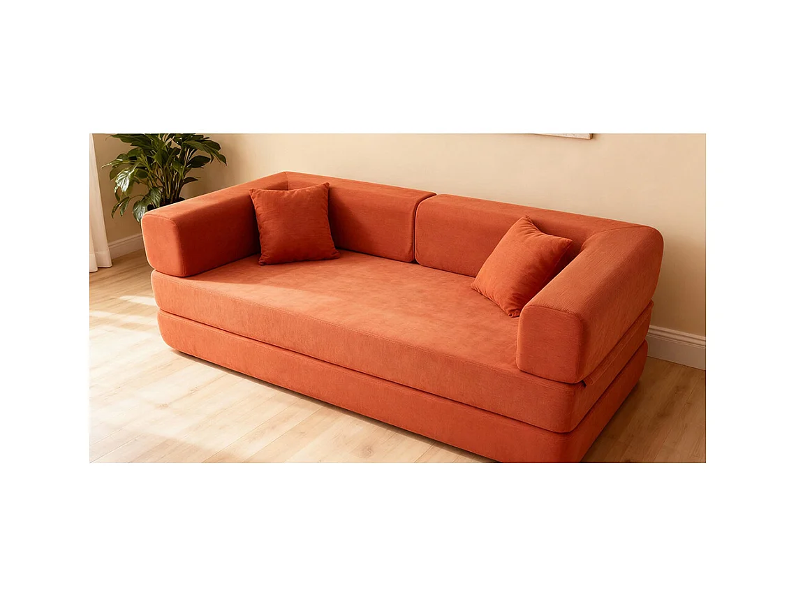 Canapé convertible avec oreiller cylindrique canapé-lit pliant velours côtelé cadre fixe pour salon chambre à coucher studio orange rouge