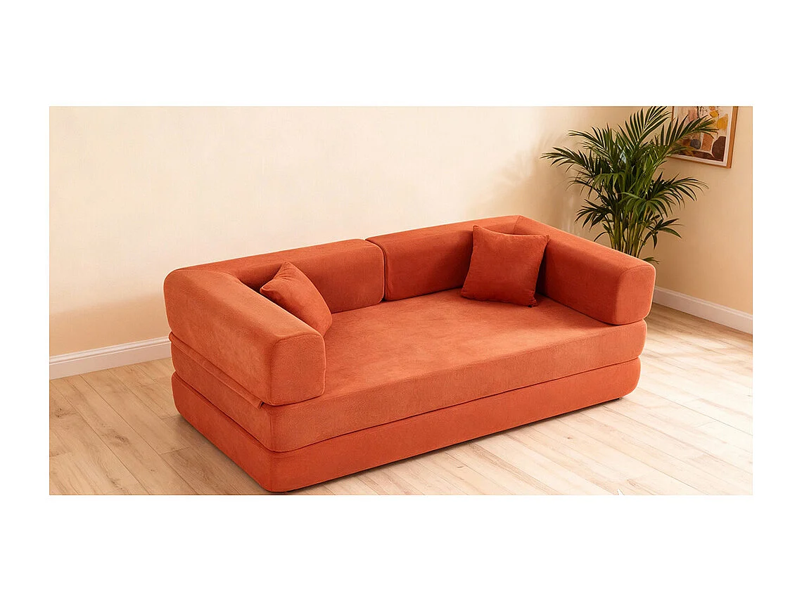 Canapé convertible avec oreiller cylindrique canapé-lit pliant velours côtelé cadre fixe pour salon chambre à coucher studio orange rouge