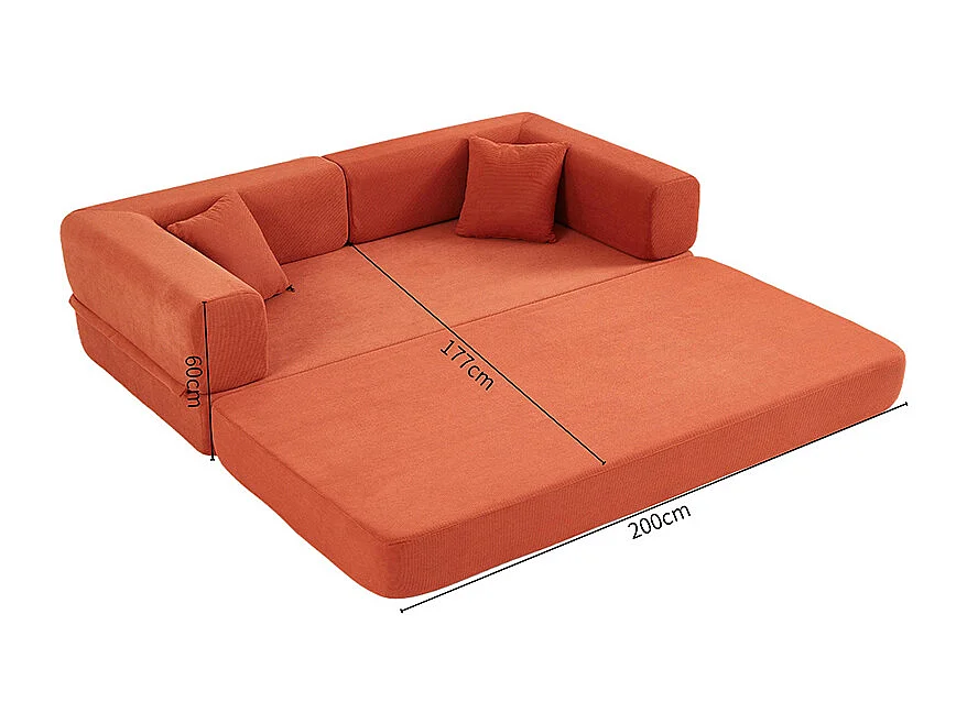 Canapé convertible avec oreiller cylindrique canapé-lit pliant velours côtelé cadre fixe pour salon chambre à coucher studio orange rouge
