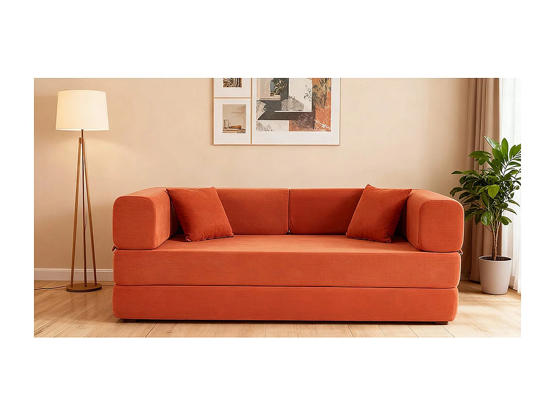 Canapé convertible avec oreiller cylindrique canapé-lit pliant velours côtelé cadre fixe pour salon chambre à coucher studio orange rouge