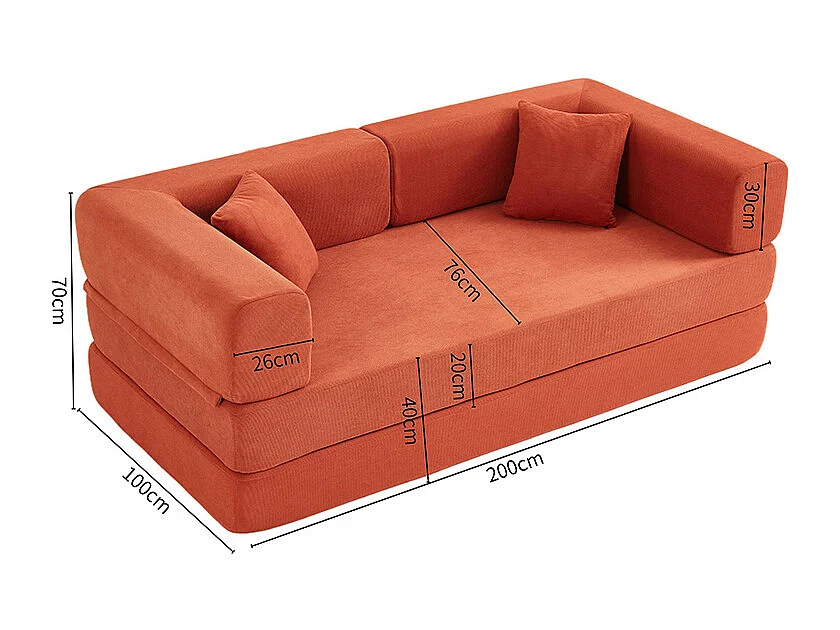 Canapé convertible avec oreiller cylindrique canapé-lit pliant velours côtelé cadre fixe pour salon chambre à coucher studio orange rouge